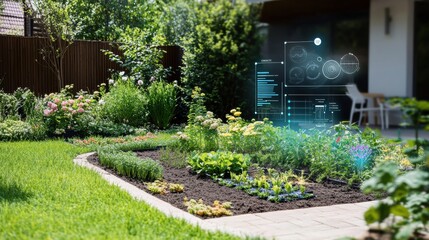 Poster - This smart garden showcases an array of thriving plants with automated sprinklers and soil sensors enhancing growth in a sunny backyard. Generative AI