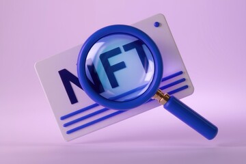Aufkleber - A magnifying glass focuses on the word  NFT  on a card.