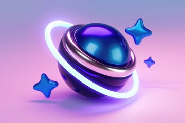 Poster - A blue sphere with a neon ring  surrounded by stars   on a pink background