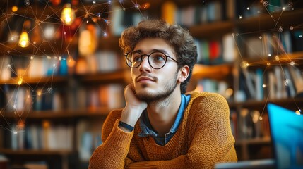 Aufkleber - A young man wearing glasses sits in a library, lost in thought. He is surrounded by books and technology, representing the intersection of knowledge and innovation.