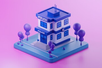 Poster - A 3D model of a police station with a blue and white color scheme.