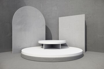 Poster - Minimalist grey and white product display with round podium