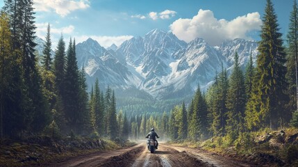 Poster - A man is riding a motorcycle down a dirt road in the woods