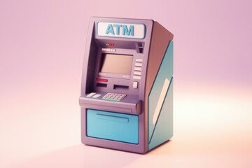 Poster - A blue and gray ATM machine on a pink background.