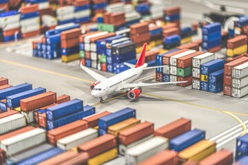 Poster - Airplane on a runway surrounded by shipping containers  symbolizing global trade.