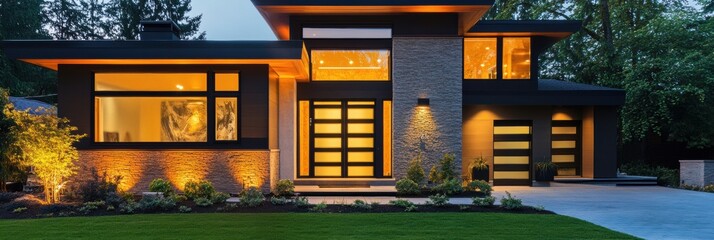 Aufkleber - The sleek design of a modern house is enhanced by glowing alarm lights, providing security and ambiance during the night. Generative AI