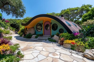 Poster - A whimsical fairy-tale house with a curved roof, colorful walls, and small round windows, set in an enchanted forest