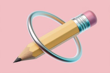 Poster - A yellow pencil with a pink eraser is surrounded by a silver ring on a pink background.