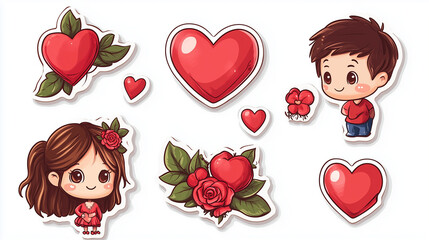 Wall Mural - Adorable Valentines Day sticker set with cartoon couple, hearts, and roses in a sweet and playful style