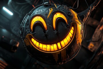 Poster - Cyberpunk-inspired happy face with neon colors and LED lights, glowing in a dark futuristic background