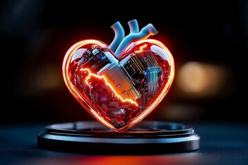Poster - Futuristic glowing heart with neon lights and digital circuitry, against a dark high-tech background