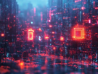 Fototapete - Futuristic cityscape with glowing red and blue lights and a digital, abstract background.