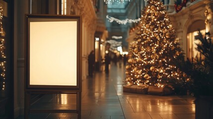 Aufkleber - A brightly lit shopping center features a magnificent Christmas tree adorned with ornaments and lights. A blank display board stands nearby, adding to the festive atmosphere in the evening.