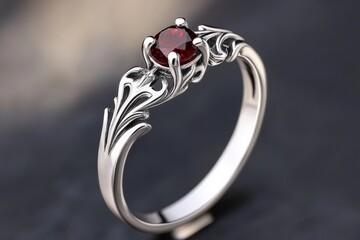 Aufkleber - Gothic-style silver ring with dark, ornate details and a red gemstone, set against a shadowy background