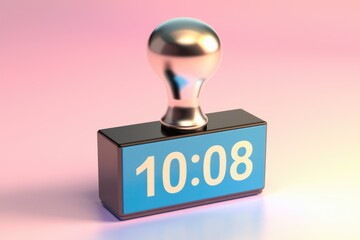 Aufkleber - A silver knob on top of a blue digital clock displaying 10 08.