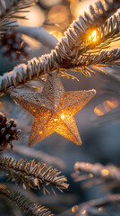 A glowing Christmas star ornament hanging on a pine tree branch, with delicate frost on nearby needles.