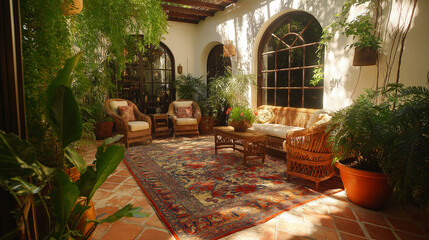 Poster - Sunlit Moroccan-Style Patio with Boho Rugs and Wicker Furniture