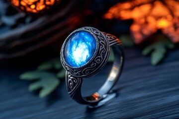 Poster - Mystical ring with a moonstone that shines with an ethereal glow, set against a dark enchanted forest