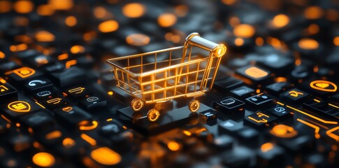 Poster - A golden shopping cart rests on a glowing black keyboard, suggesting online shopping and e-commerce.