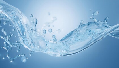 Poster - Crystal Clear Water Splash with Air Bubbles Rising Against Soft Blue Background. Perfect for Hydration, Purity, Clean Energy, and Nature Themed Concepts in Advertising and Design