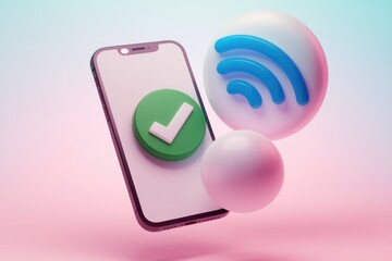 Fototapete - Smartphone with a green checkmark and a blue Wi Fi symbol.