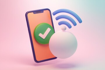 Poster - A 3D illustration of a smartphone with a checkmark and wifi symbol