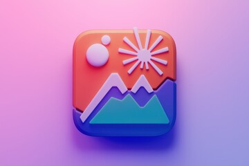 Poster - 3D icon depicting a landscape with mountains  a sun  and a moon.