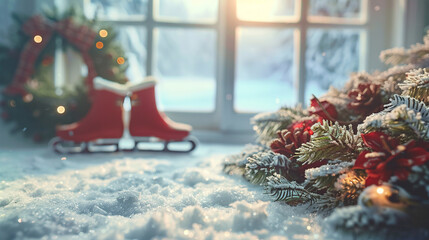 Poster - A 1940s-inspired holiday flyer showcasing a cozy winter scene with a vintage sled, ice skates, and a pine wreath, set against a frosty window backdrop for an authentic Christmas atmosphere.