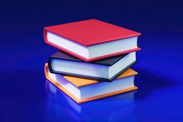 Fototapete - A stack of three books with red  black  and orange covers on a blue background.