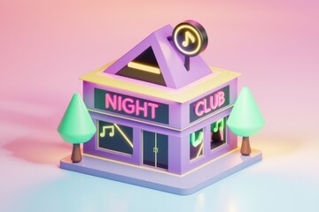 Poster - A 3D illustration of a purple nightclub with neon signs.