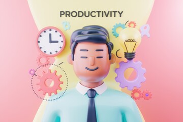 Fototapete - 3D illustration of a man representing productivity with gears  a light bulb  and a clock.