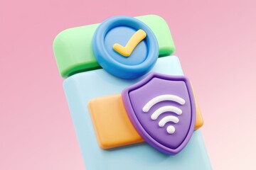 Poster - 3D render of colorful icons with a checkmark and wifi symbol