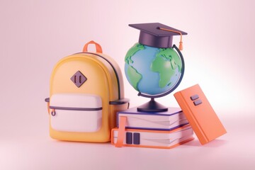 Poster - A backpack  globe  books  and graduation cap represent education and knowledge.