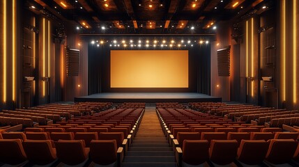 Poster - Empty theater auditorium with rows of red seats facing a large blank screen.