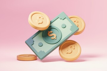 Aufkleber - 3D illustration of a dollar bill and coins on a pink background