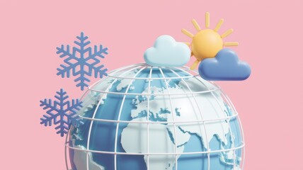 Poster - 3D illustration of Earth with snow  clouds  and sun on a pink background