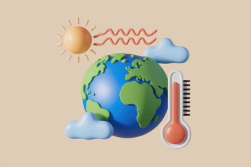 Poster - 3D illustration of Earth with sun  clouds and a thermometer showing rising temperature.