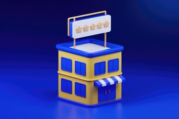 Poster - 3D illustration of a yellow building with blue windows and a five star rating.
