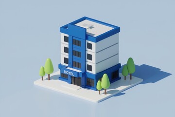 Poster - A low poly 3D model of a simple blue hotel building with trees.