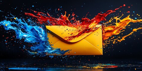 Aufkleber - A yellow envelope explodes with blue, red, and yellow paint splatters.