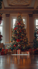 Wall Mural - A majestic Christmas tree decorated with red, gold, and green ornaments, surrounded by wrapped gifts under soft, glowing lights in a cozy room.