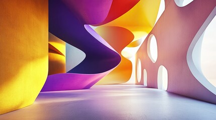 Abstract architectural interior featuring a colorful smooth sculpture illustrated in line art style with 3D rendering techniques