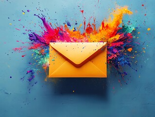 Aufkleber - A yellow envelope with colorful paint splattering out of it on a light blue background.