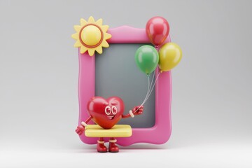 Poster - A cartoon heart holding balloons sits near a pink frame