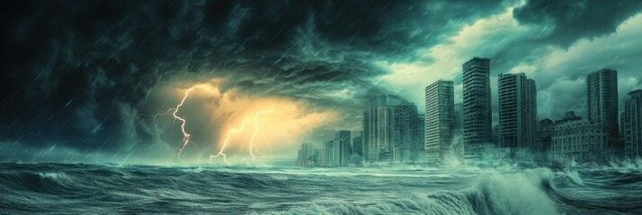 Poster - A dramatic stormfront looms over the coastal city, bringing fierce winds, dark clouds, and turbulent ocean waters, creating an intense atmosphere. Generative AI