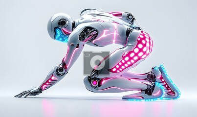 Poster - Vibrant 3D Robot Dance, a dynamic robotic figure illuminated by colorful lights, showcasing intricate movements and lively energy.