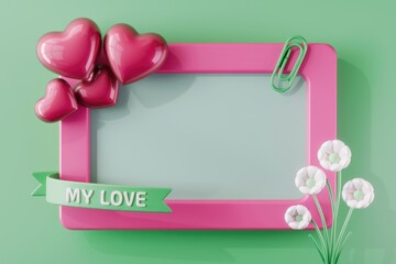 Poster - Pink frame with hearts and flowers on green background.