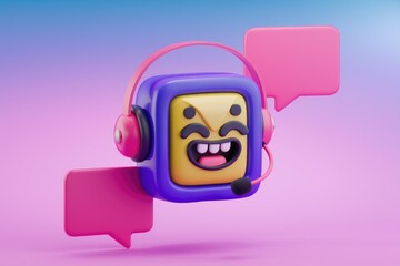 Poster - Happy 3D character with headset and speech bubbles.