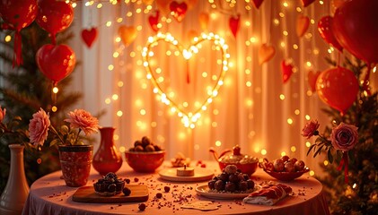 Wall Mural - Table with delicacies against the background of Valentine's Day decorations.