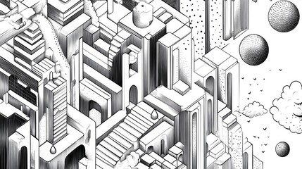 Line art illustration showcasing abstract three dimensional architecture